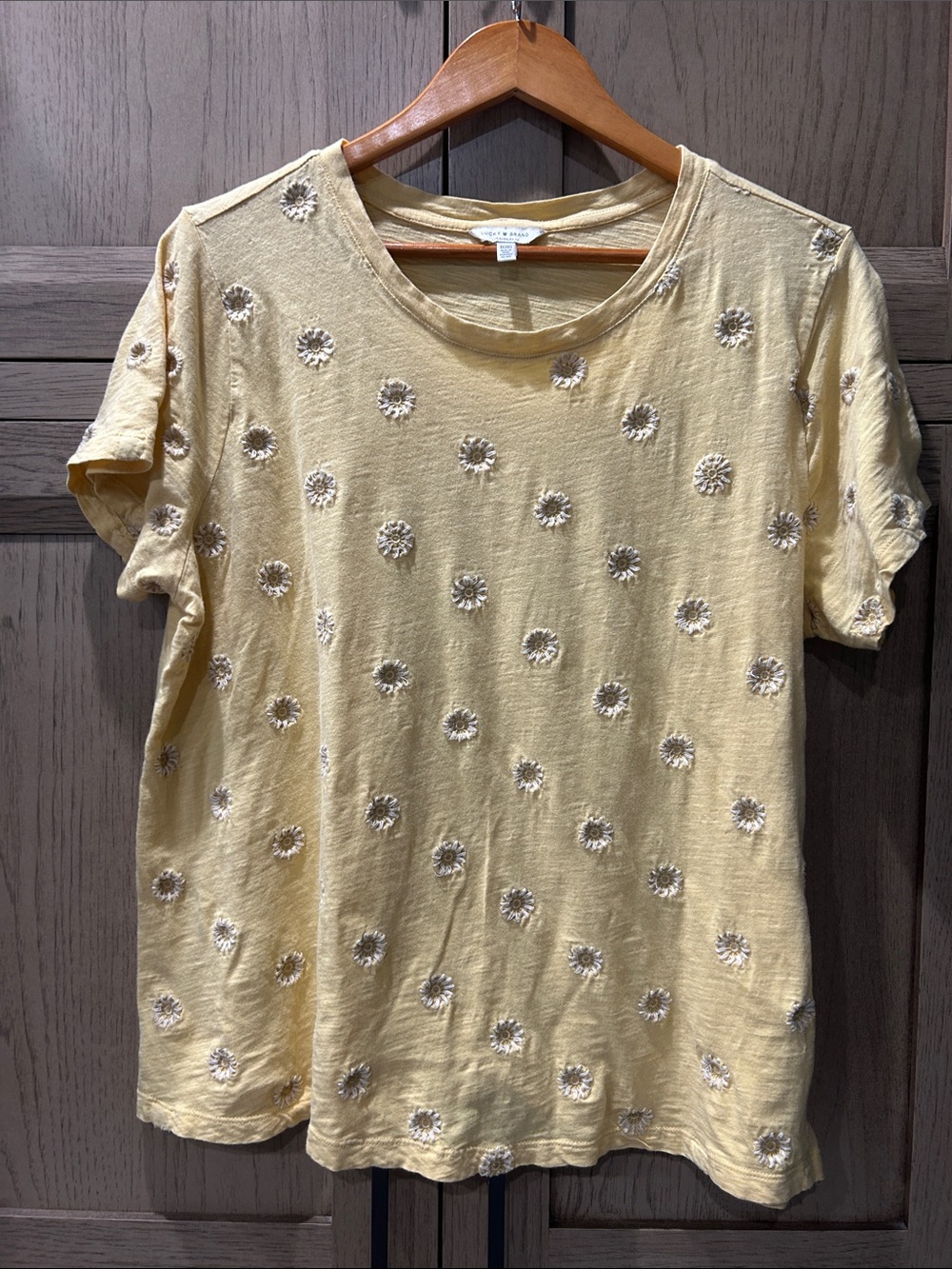Lucky Brand Butter Yellow Embroidered Daisy Short Sleeve Tee